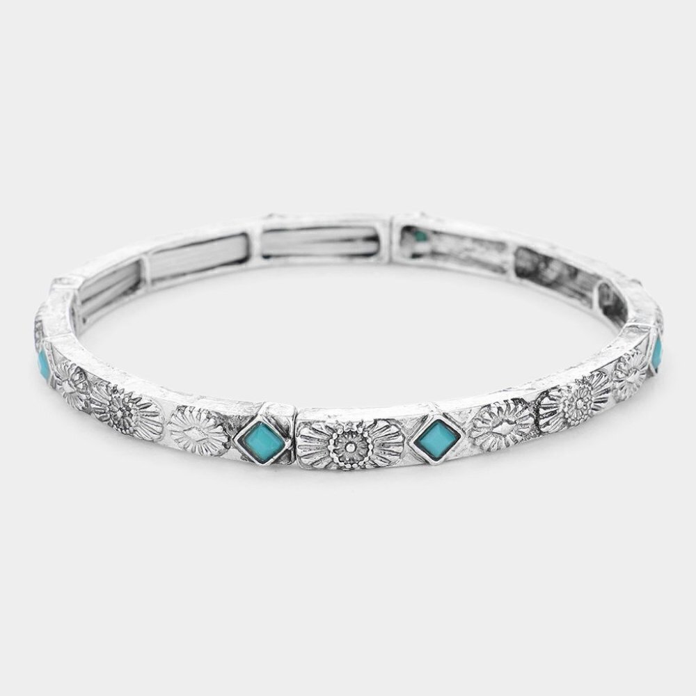NEW Boho Turquoise Engrave Antique Metal Stretch Bracelet